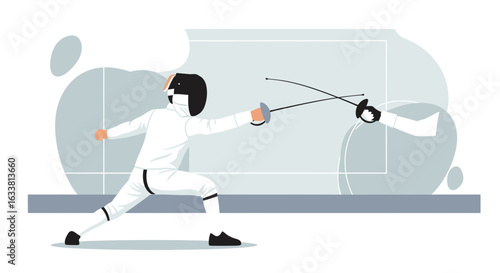 Fencing Athletes During Competition Clashing Swords On The Fencing Strip