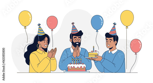 Festive Birthday Party Celebration With Friends Giving Cake And Balloons