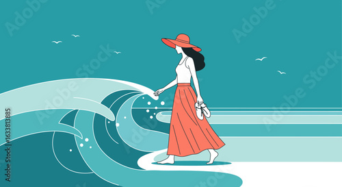 Elegant Woman Strolling Along The Beach Near Ocean Waves At Sunset