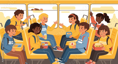 Excited Diverse Elementary Students Enjoying A School Bus Ride With Packed Lunches