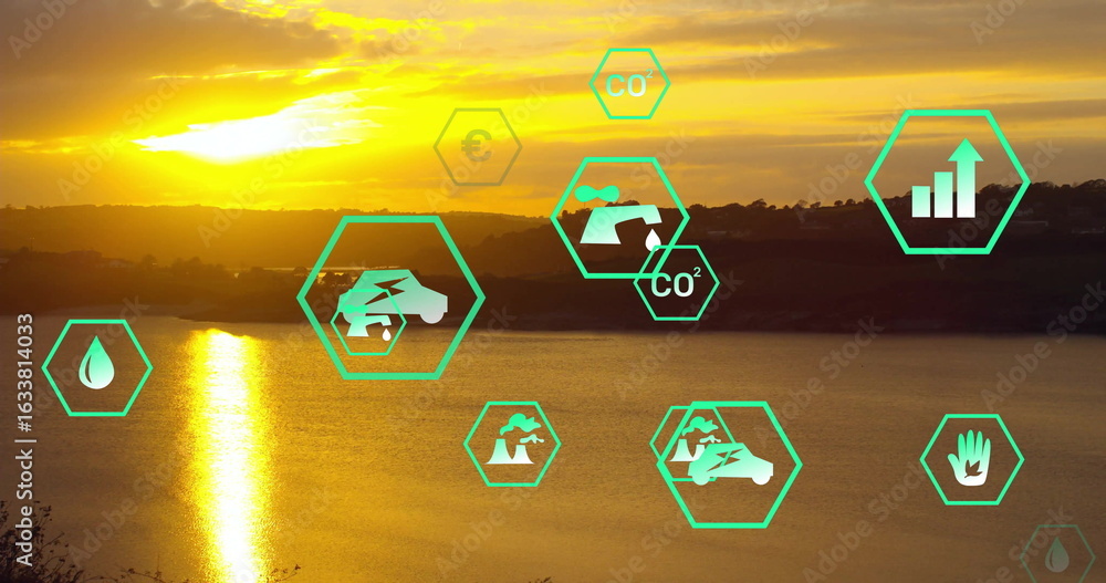 Naklejka premium Glowing sun disc casting bright reflection on lake at sunset, with neon-green hex icons, copy space