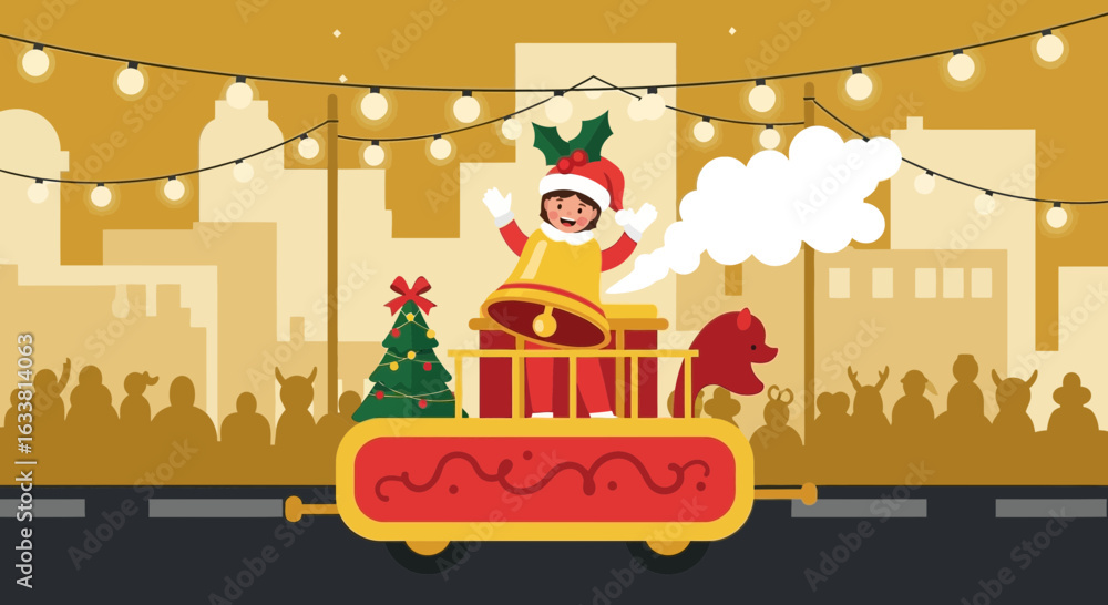 Naklejka premium Festive Christmas Parade With Child On Decorated Float Through City Streets