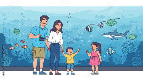 Excited Family Enjoying Day Observing Diverse Marine Life At The Aquarium Exhibit
