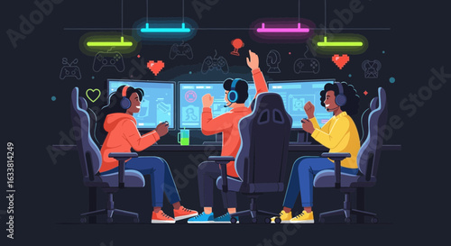 Excited Gamers Celebrate Victory During An Intense Online Multiplayer Competition