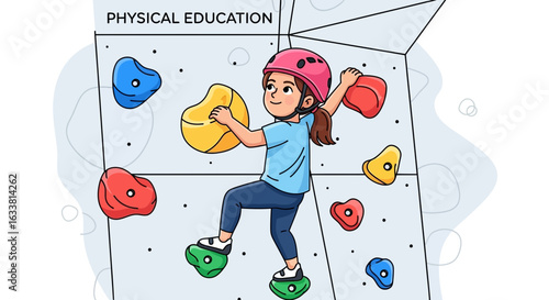 Excited Girl Climbs An Indoor Rock Wall During Physical Education Class