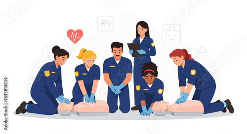 Emergency Response Team Practicing Cpr Techniques For Cardiac Arrests Training