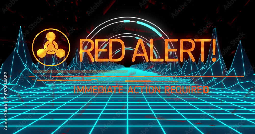 Naklejka premium Displaying RED ALERT graphic hovering over cyan grid in wireframe landscape with progress arc