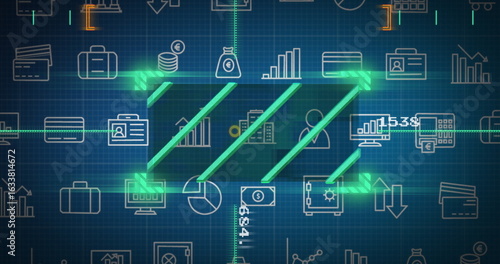 Displaying neon green zigzag arrow on dark blue digital interface grid, featuring financial icons