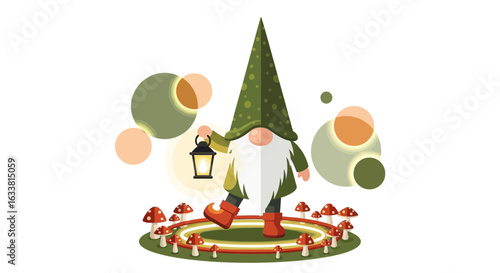 Enchanted Gnome With Lantern Among Mushrooms For Whimsical Decorations