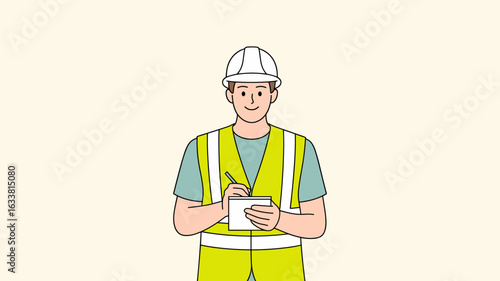 Construction worker in safety vest and hard hat taking notes