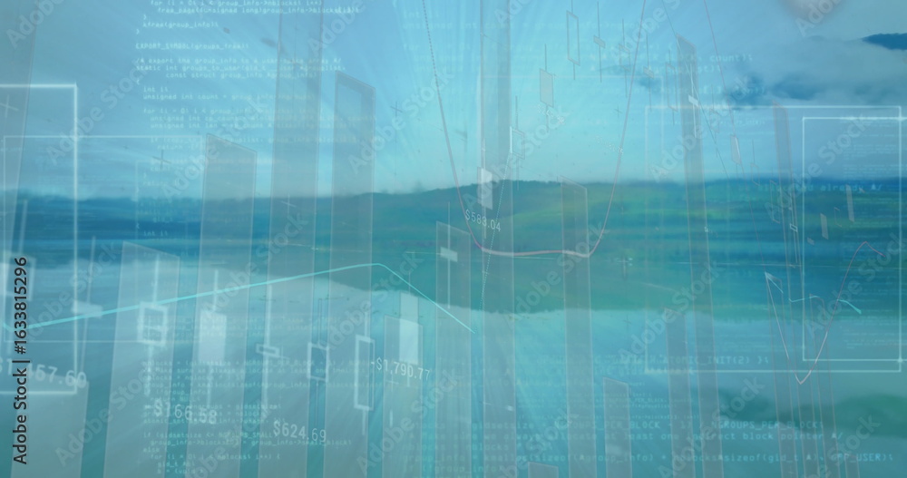 Obraz premium Displaying digital visualization hovering over open ocean, with translucent charts and code text