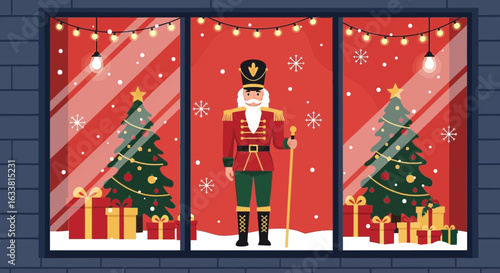 Festive Nutcracker Window Display With Christmas Tree And Presents In Holiday Season