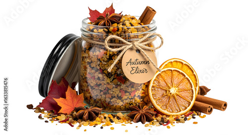 Glass jar labeled Autumn Elixir with dried oranges, cinnamon sticks, star anise, and botanicals, seasonal potpourri, isolated on white background