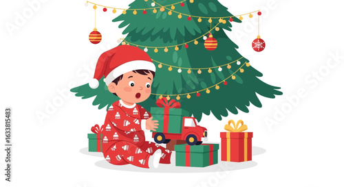Excited Young Child With Presents Under Decorated Christmas Tree Festive Mood