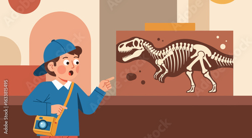 Excited Young Explorer Discovers Tyrannosaurus Rex Skeleton Fossil In Paleontology Museum