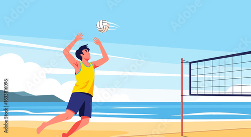 Exciting Beach Volleyball Game Scene Under a Bright Summer Sky Illustration