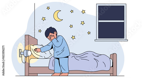 Exhausted Boy Covering Face In Bedroom At Night With Sleep Disturbance