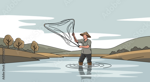Fisherman Preparing To Cast His Net In The Shallow River Water For Fish
