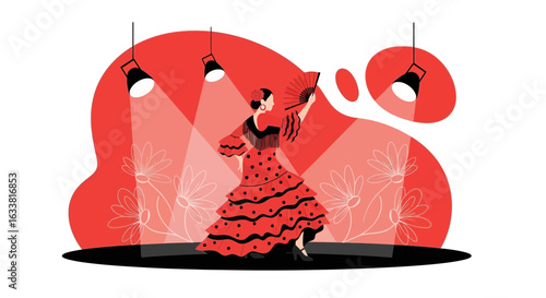 Flamenco Dancer Performing With Fan Under Stage Lights And Floral Backdrop