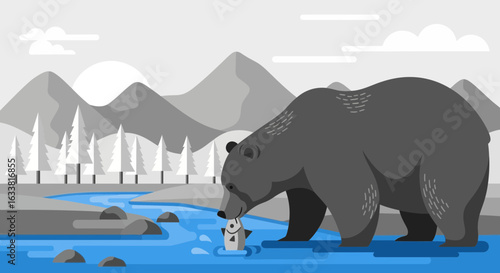Flat Illustration Of A Bear Catching Fish In A River Near Mountains