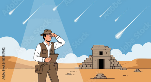 Explorer Witnessing Meteor Shower Over Ancient Ruins In Arid Landscape