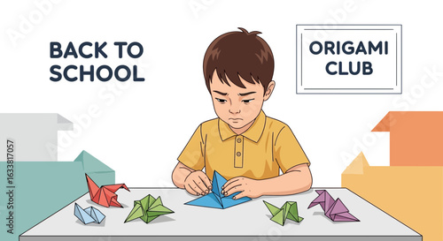Focused Boy Making Origami At School Origami Club In School Concept
