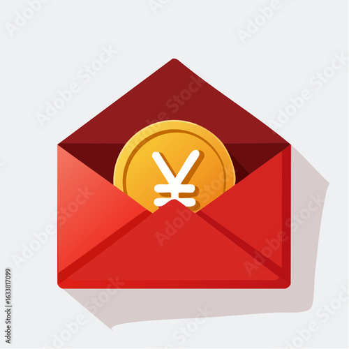 Illustration of a golden currency coin in a red paper envelope, symbolizing a bonus, savings, or a festive financial gift.