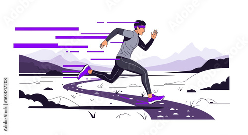 Focused Male Athlete Demonstrating Speed and Endurance in Mountain Landscape