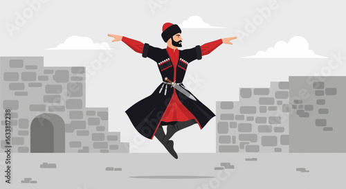 Energetic Caucasian Dancer Performing Traditional Dance In Ancient Fortress