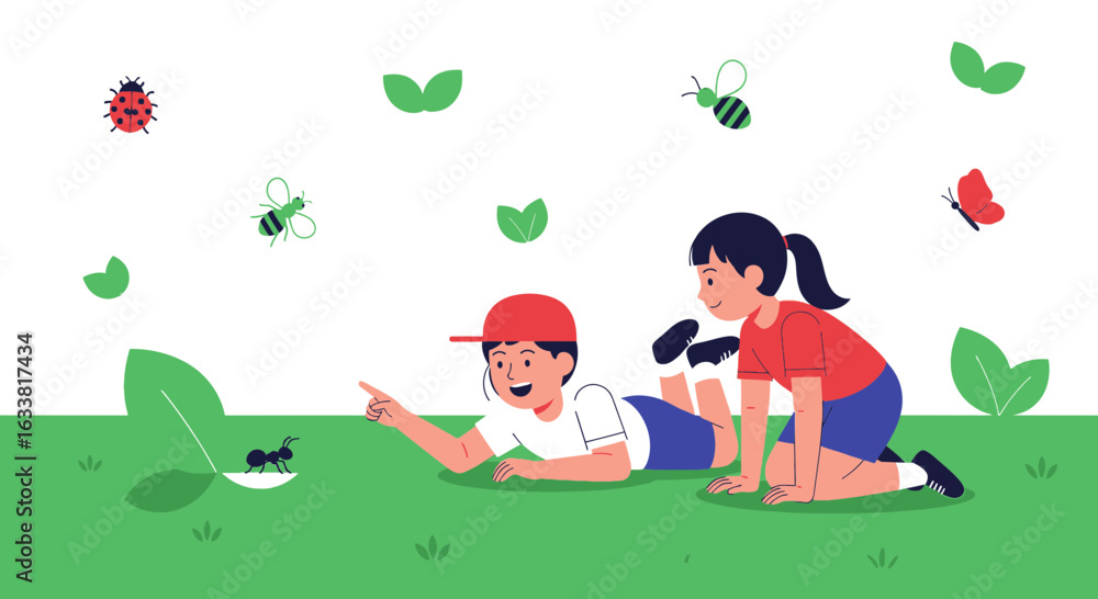 Fototapeta premium Exploring Nature Two Children Discovering Insects In A Green Meadow Illustration