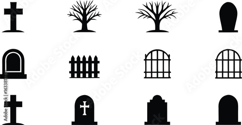 graveyard, cemetery, horror, scary, death, halloween, tomb, grave, stone, cross, spooky, funeral, evil, icon, set, vector