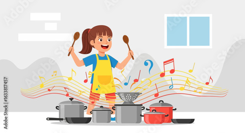 Energetic Girl Enjoys Making Music With Kitchen Utensils And Cooking Pots