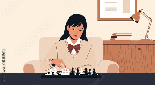Focused Woman Playing Chess At Home During Leisure Time Activity