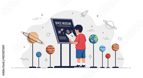 Exploring The Cosmos Child's Discovery At Space Museum Exhibition Of Planets
