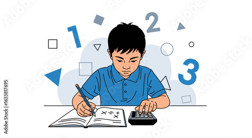 Focused Young Boy Engaging In Math Problems For Educational Development