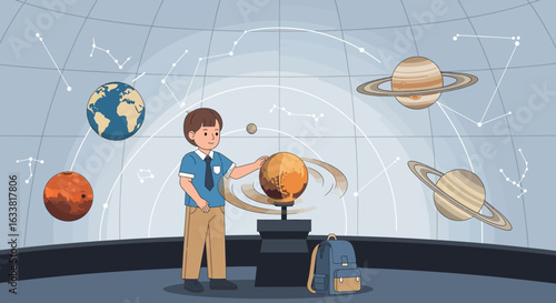 Exploring The Wonders Of The Solar System Young Boy Learning About Space