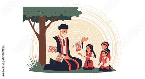 Folklore Teacher Educating Youngsters Under A Tree With Symbolic Clothing