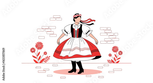 Folkloric Dance Illustration Depicting A Girl In Traditional Costume With Flowers