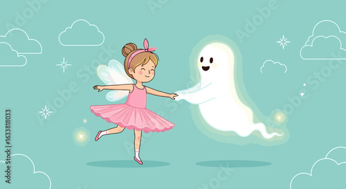 Fairy Girl Dancing With Glowing Ghost Against Sky And Clouds Backdrop
