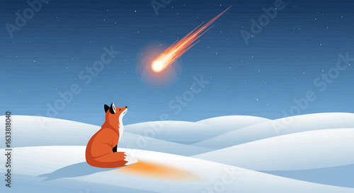Fox Gazing At A Shooting Star In A Snowy Winter Landscape Scene