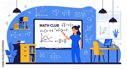 Engaging Math Club Illustration With Woman Explaining Equations On Whiteboard