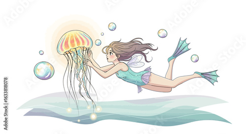 Fairytale Girl Swims With Jellyfish In Cartoon Sea Underwater World Illustration