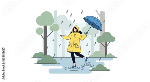 Enjoying A Rainy Day Strolling Through The Park In A Stylish Raincoat