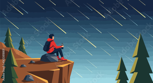 Enjoying Meteor Shower From Cliff In Nature With Hot Drink And Backpack