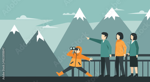 Enjoying Nature's Grandeur A Group's Lookout Point Experience In A Mountain Scenery