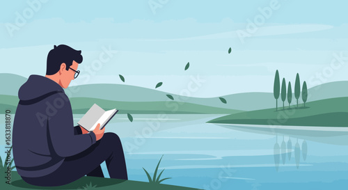 Enjoying Quiet Time Outdoors Reading a Book by a Peaceful Lake