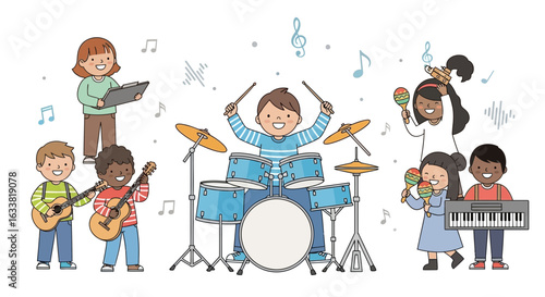 Ensemble Harmony Diverse Children Playing Instruments Music Education Illustration