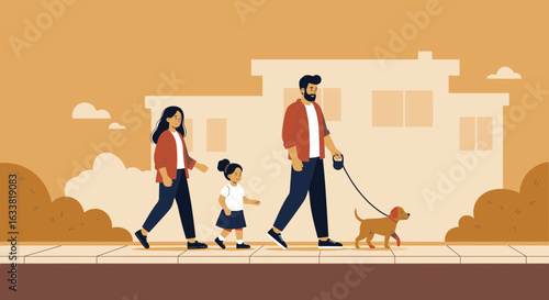 Family Enjoying a Leisurely Walk with Their Dog on a Sunny Afternoon