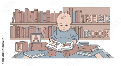 Enthusiastic Baby Immersed In A Charming Book Filled With Illustrations