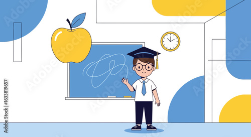 Enthusiastic Boy With Graduation Cap Presenting In The Classroom Illustration